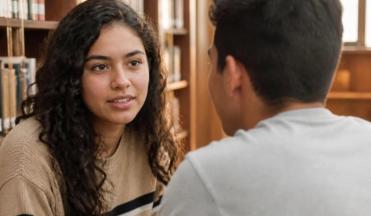 Pessoas conversando de pé junto às estantes antes de o encontro abrir